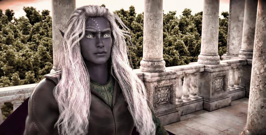 Rolfard: He has pale moonlight silver eyes and smooth ebon skin. He has waist-length, perfectly straight pure white hair that spills across his shoulders into lengths that are loosely fettered by simple invar rings. He has angular pointed ears. The black palette of his skin is pricked with a design of tiny silver striations, not unlike shooting stars on a night sky.