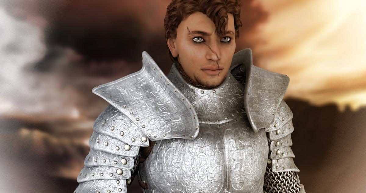 You see Sir Bristenn Mires the Knight-Errant. He appears to be a Human from Honneland.He is alpine in stature and appears to be young and robust. He has brooding, haunted pale ice-grey eyes and fair skin. He has short-cropped, tousled deep cordovan hair that falls stubbornly over his left eye. He has a grim, stalwart visage accented by deep frown lines at the center of his brow. A deep scar mars his face, running across it from above his right eyebrow to under his left eye.