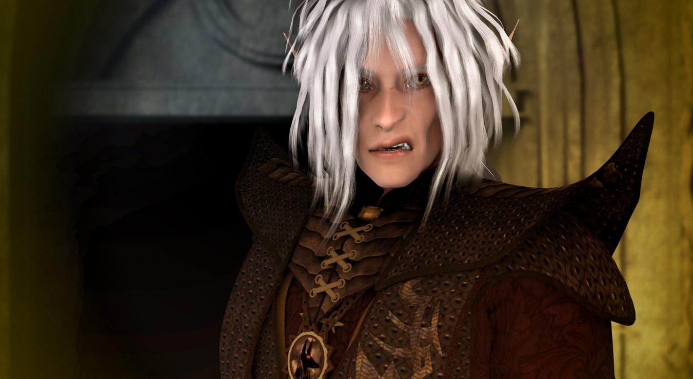 You see Grhim Anyukal Faendryl. He appears to be a Dark Elf. He is very tall and appears to be venerable. He has crazed, gold-tinted eyes and pale skin. He has long, unkempt white hair that is knotted in many places and ripped shorter in others. He has a gaunt, severely angled face and deeply sunken cheekbones. Jagged silver canines can be glimpsed briefly between his lips.He is wearing an ominous night-black onyx jackal symbol inset with eerie ruby eyes suspended from a fine black ora chain.