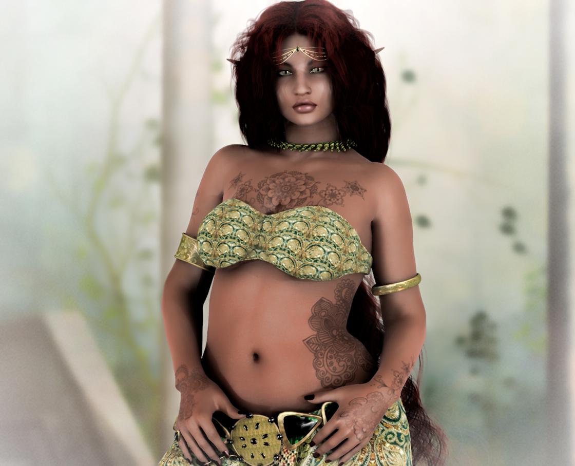 You see Great Lady Mystiq Ta'Mori Faendryl the Incantress. She appears to be a Dark Elf. She has bright crystal green eyes and smooth cocoa-hued skin. She has ankle-length, satiny dark cherry-hued hair. She has a cherub-like face, a classical nose and ample hips.