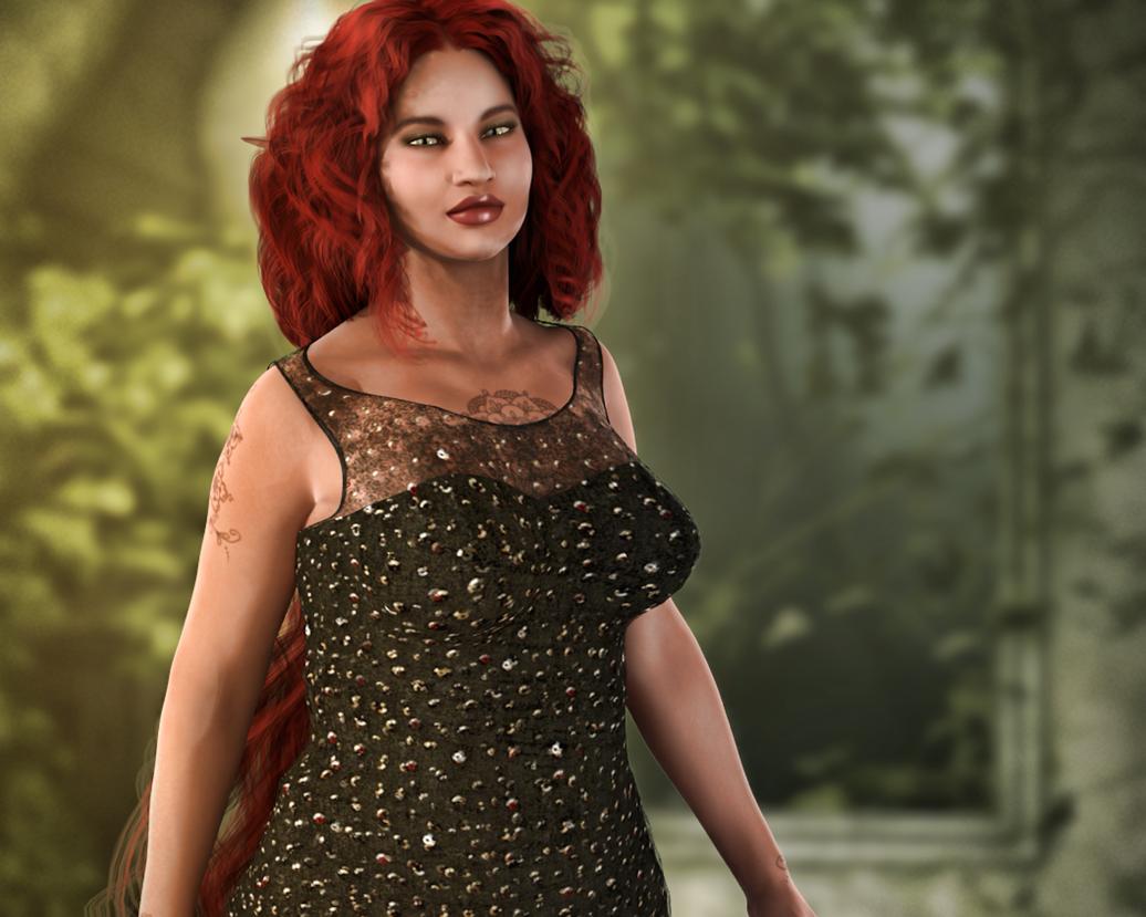 You see Great Lady Mystiq Ta'Mori Faendryl the Incantress. She appears to be a Dark Elf. She has bright crystal green eyes and smooth cocoa-hued skin. She has ankle-length, satiny dark cherry-hued hair. She has a cherub-like face, a classical nose and ample hips.