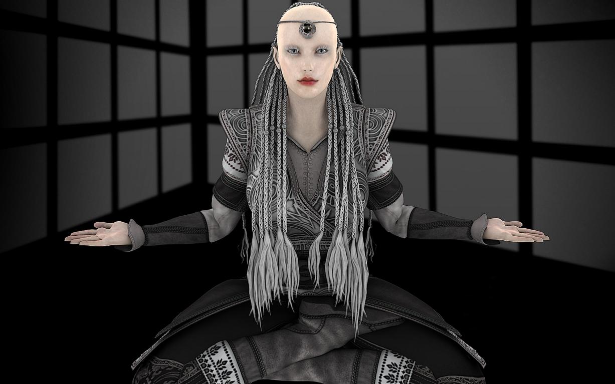 You see Haalio the Monastic Acolyte. She appears to be an Erithian of the Eloth Dai. She is very tall and appears to be young and untried. She has almond-shaped icy blue eyes and translucent pale skin. She has long, pearly white hair worn in many thin braids. She has an angular face, a freckled nose and shaved eyebrows.