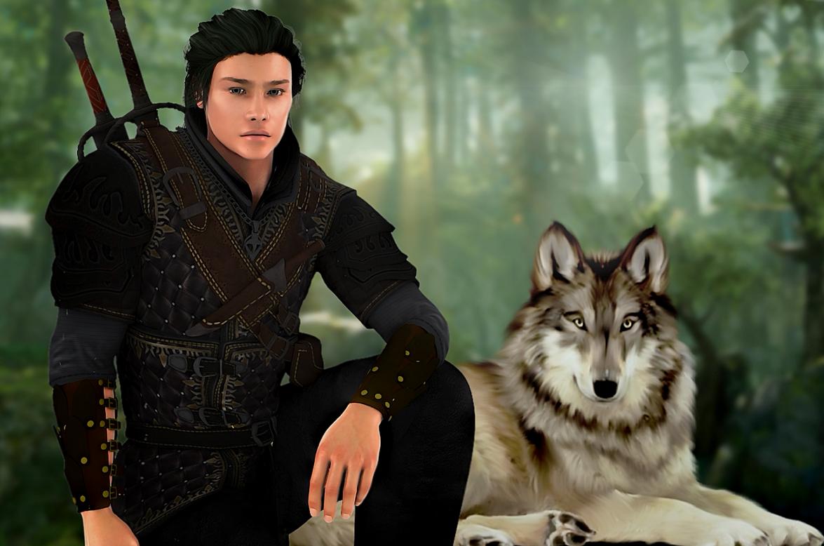 You see Puptilian Peregrinus the Defender of Wehnimer's Landing and his companion, a forest wolf named Aatu. Puptilian appears to be a Human from Allace. He is taller than average and appears to be very young. He has green eyes and tanned skin. He has shoulder length, straight black hair tied into a loose ponytail with a simple grey leather cord. He has a clean-shaven face and a small nose.