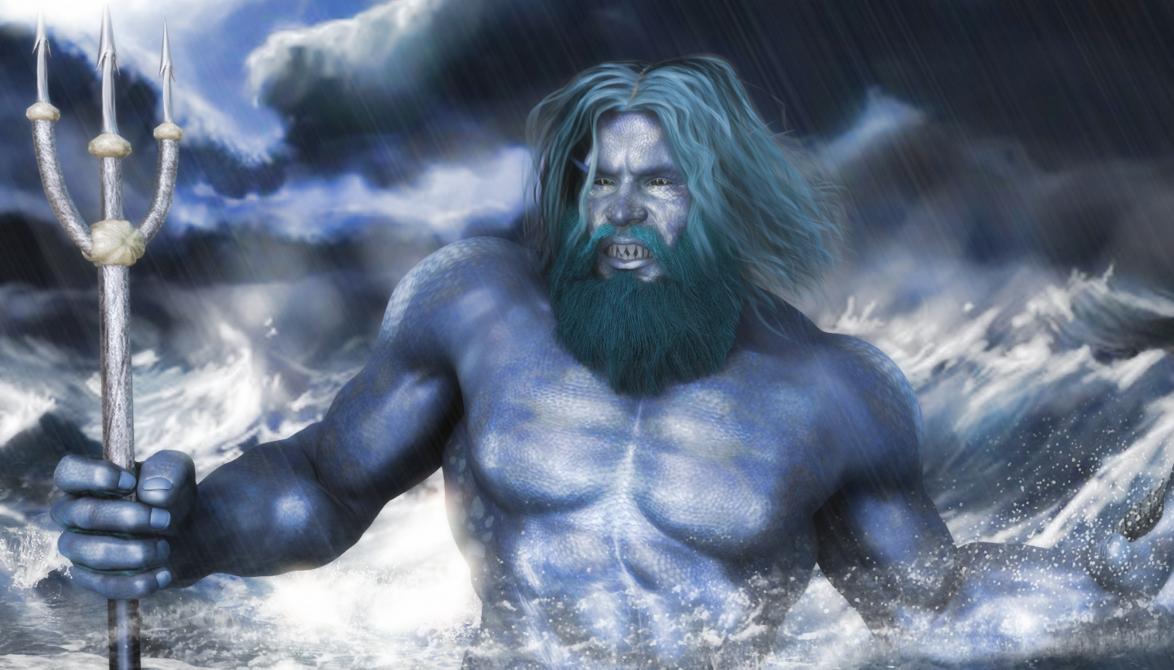 Charls preferred humanoid manifestation is that of a towering man with a beard of seaweed and algae, blue and grey robes, wielding a trident. Charl rarely appears except in the sea or the heart of a storm. His lower half is a fishs tail. In manner, he is stern, angry and quick-tempered. His symbol is an emerald trident on a field of blue.