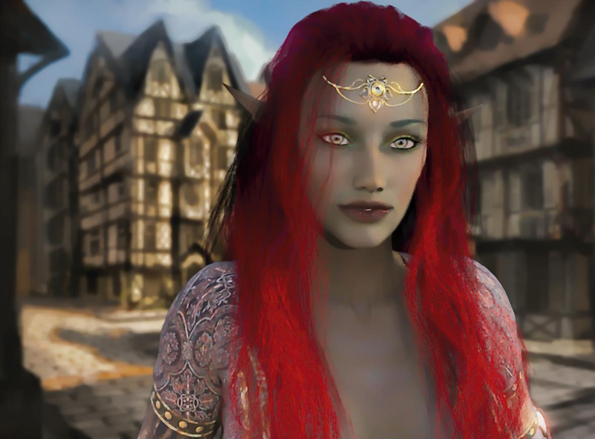 Silkourr. She appears to be a Dhe'nar Dark Elf. She is very tall and appears to be youthful. She has dark feather-lashed acantha green eyes and vibrant, dusky skin. She has hip-length, lush cranberry red hair divided into several elegantly twisted sections and adorned with some delicate lacy frost opal snowflakes.