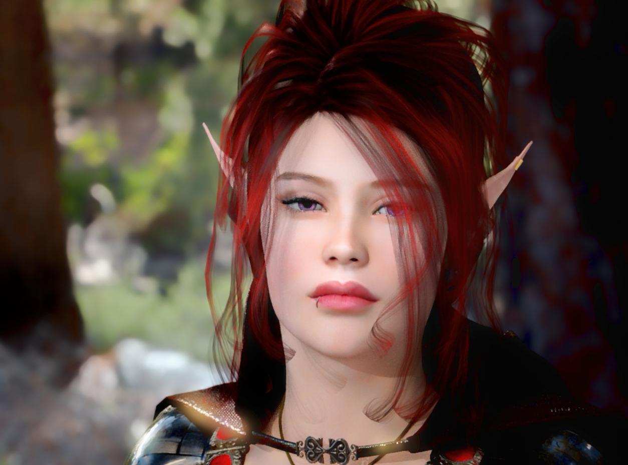 You see Kittai the Ranger. She appears to be a Nalfein Elf. She is average height and appears to be youthful. She has thick-lashed violet eyes and alabaster skin. She has very long, thick deep red hair with a spill of tiny midnight black poppies woven into the strands. She has an oval face and sharp pointed ears.