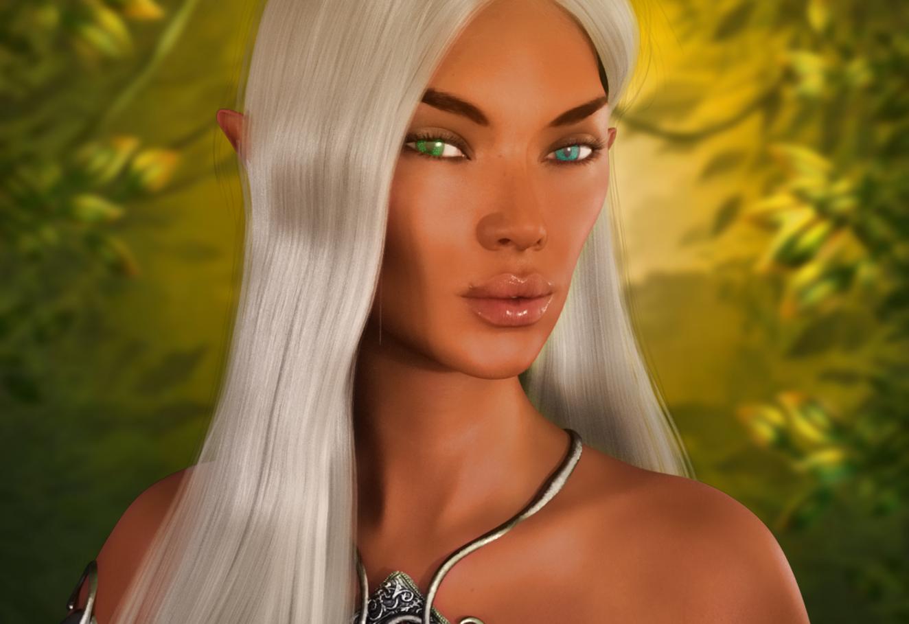 You see First Legionnaire Esana Lartuen-Ilynov Vaalor. She appears to be an Elf. She is average height and appears to be in the spring of life. She has silver-flecked mismatched ice blue and pear green eyes and golden brown skin. She has elbow-length, silky silver hair pulled back into a chignon and held by a silvery eahnor filigree ornament dangling strands of rose-cut diamond beads, leaving loose tendrils to frame her face. She has a pair of small pointed ears and perfectly sculpted cheekbones, emphasizing a noble appearance.