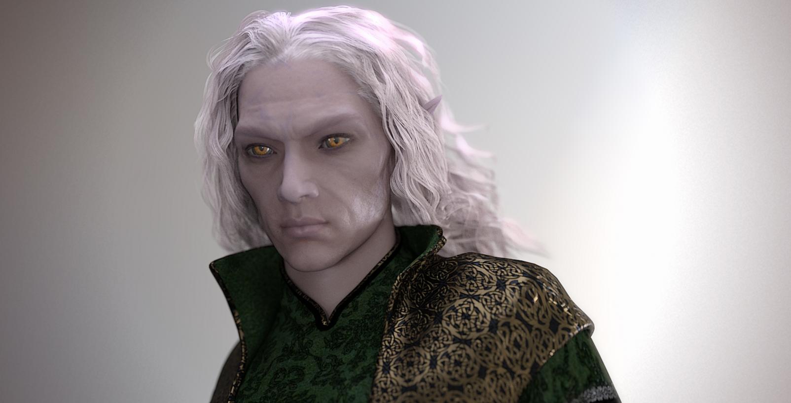 You see Aubron. He appears to be a Half Elf. He appears to be an adult. He has bright golden eyes and ashen skin. He has shoulder length, silky silver blonde hair swept back from the temples. He has a clean-shaven face, a straight nose and slightly pointed ears.