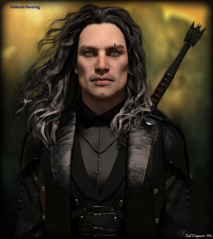 You see Valdorin Hartting the Mercenary.
He appears to be a Human from Vornavis.
He is tall and appears to be in the meridian of life.  He has brooding hunter green eyes and tanned skin.  He has long, glossy midnight black hair streaked with silver.  He has a square-jawed face, a straight nose and broad shoulders.
He has an iron-chased dark hook in the upper ridge of his left ear, an iron-chased blackened steel ring in his lip, a deep black deathstone spike in his left eyebrow, a garishly colored tattoo detailing a raging battle scene completely covering his right arm, a crossed claidhmore tattoo on his wrist, and a small black skull tattoo on his ear.
He is holding a serrated invar claidhmore set with a black opal pommel in his right hand and a curled rolton horn banded with golden imflass in his left hand.
He is wearing a misshapen onyx talisman on a black silk cord, a weathered black leather longcoat, a high-collared black silk shirt, a pair of spiked vultite gauntlets, a glyph-etched vibrant gold ring, a weathered leather belt, a black leather coin purse, a simple black leather case, a dark leather treasure sack, some reinforced black leather pants, and some steel-toed knee-high black boots.