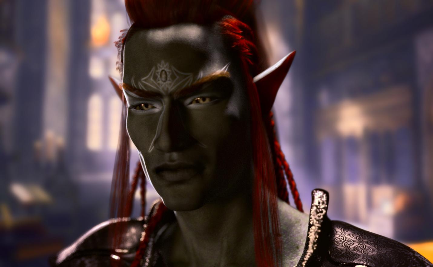 You see Lord Telare the Mage of the Flame. He appears to be a Dhe'nar Dark Elf. He is tall and appears to be middle-aged. He has fierce, calculating tempest grey eyes and smooth, obsidian-hued skin. He has long, straight dark crimson hair that falls directly down save for intricate twinned plaits swept back from each ear. He has an angular face and a broad chest.