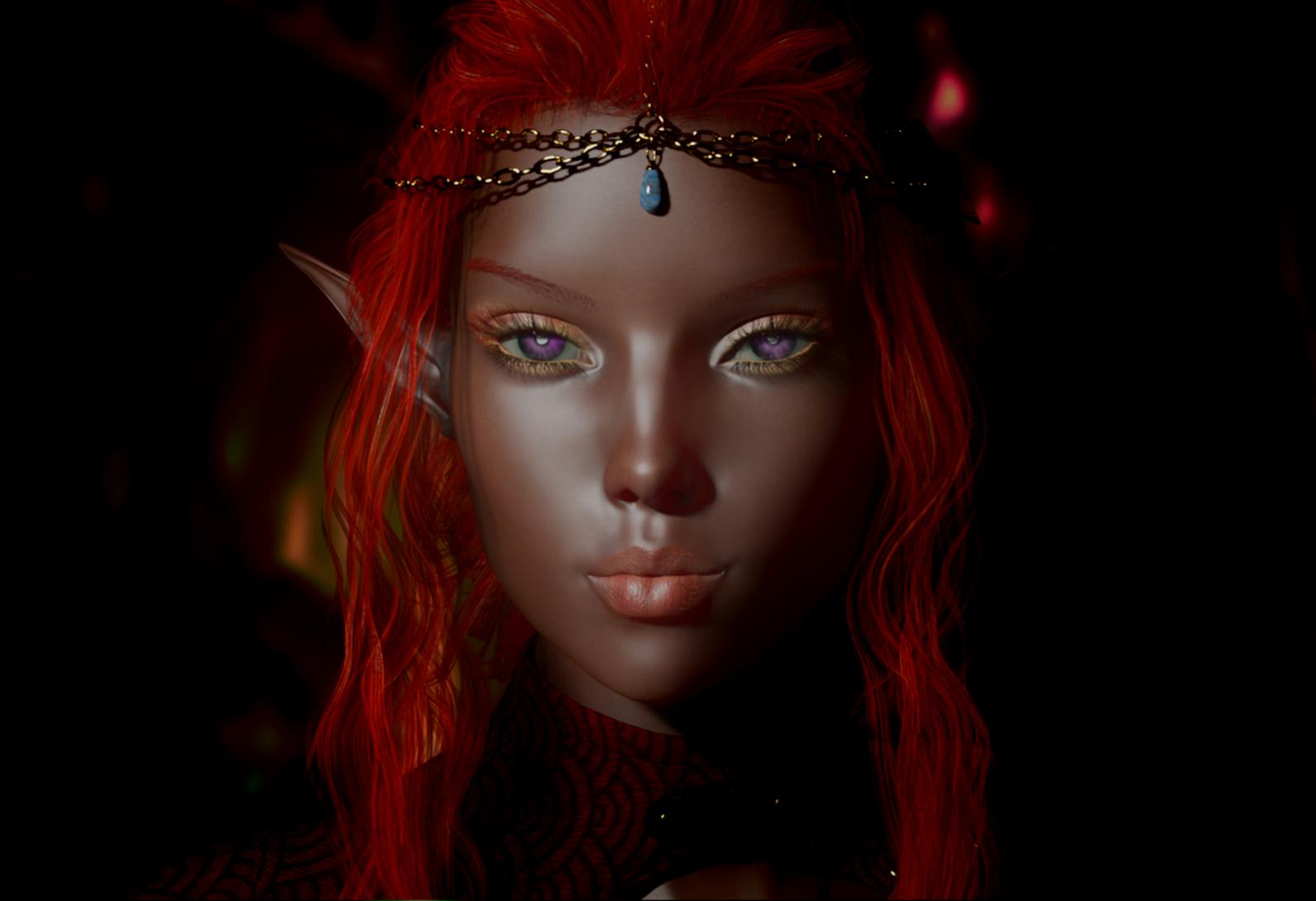 You see Alasatia Sol'naire the Enchantress. She appears to be a Faendryl Dark Elf. She is of a slight height and appears to be in the spring of life. She has fervent silver-pupiled smokey feystone eyes and silken nutmeg skin. She has sleek, artfully finger-waved ember red hair casually swept beneath a wide vaalin mesh headband, leaving her long spiraled curls to tumble down her back