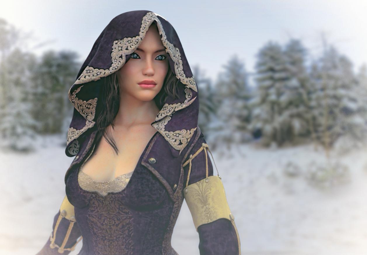 You see Lady Oresiah Leoire the Incantress. She appears to be a Human from Dragach. She is tall in stature and appears to be youthful. She has argent-flecked beryl blue eyes and flawless snowy white skin. She has long, curly hickory brown hair with a slight widow's peak. She has an unlined face and a long, slender neck. The rounded curves of her face and the pale beauty mark near her full lips give grace to her porcelain-like visage.