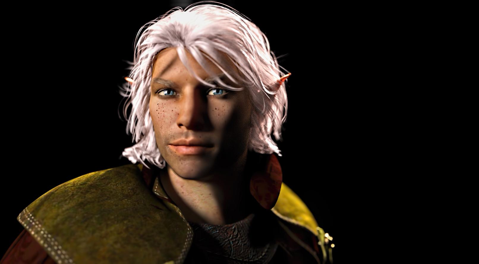 You see Rowmi the Battle Dancer. He appears to be a Half-Sylvan. He is tall and appears to be youthful. He has argent-flecked cornflower blue eyes and sun-kissed, lightly freckled skin. He has short, tousled white hair. He has an unshaven face, a disjointed bump marring the bridge of his slender nose and a slightly pointed ears. His bright eyes are framed by tiny laugh lines that betray a friendly smile.