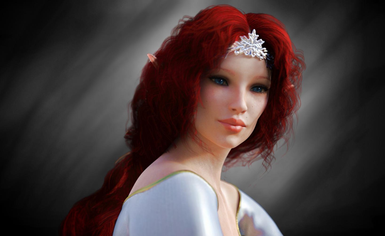 You see Grand Lady Jadedlilly Healstone. She appears to be a Sylvankind of the Kytawa D"ahranal. She has silver-flecked crystal blue eyes and lily white skin. She has long, curly bright red hair pulled back with a white gold filigree diadem accentuated by arctic blue diamond shards, leaving her side-swept bangs to brush across her temples. She has a heart-shaped face, a small nose and sharp pointed ears.