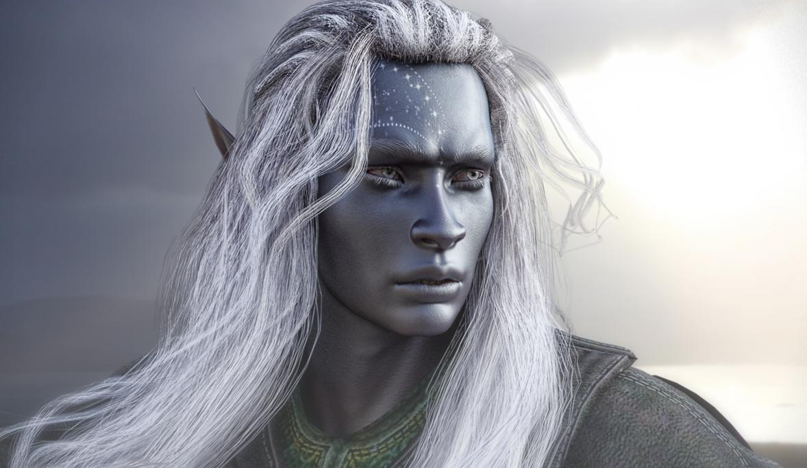 Chairman Rolfard. He appears to be ancient. He has pale moonlight silver eyes and smooth ebon skin. He has waist-length, perfectly straight pure white hair that spills across his shoulders into lengths that are loosely fettered by simple invar rings. He has angular pointed ears. The black palette of his skin is pricked with a design of tiny silver striations, not unlike shooting stars on a night sky.