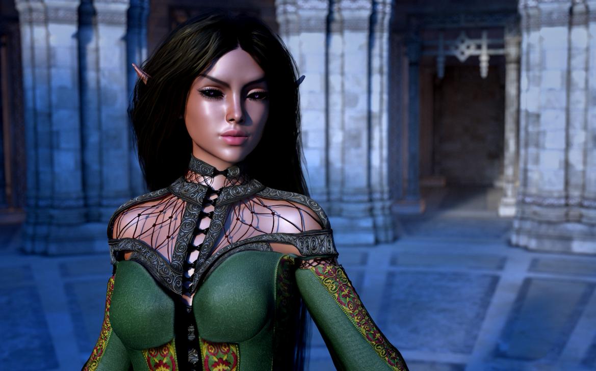 You see Maiden Istoriel Arraeth Ardenai the Grove Protector. She appears to be an Elf. She is petite and appears to be extremely young. She has dark amethyst-hearted pure onyx eyes and naturally blushed, warm toffee-hued skin. She has hip-length, layered mahogany brown hair falling from a center part in immaculately straight lengths. She has a high-cheekboned, diamond-shaped face and thin-tipped pointed ears. She has dimpled cheeks and a fresh-faced appearance, enhancing her youthful countenance. She has a gold-suffused pine green lacquer brushed onto her slender oval fingernails.