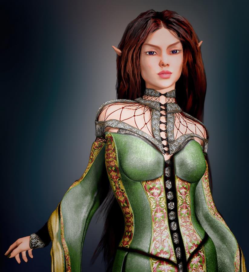 Redone with owner requested fixes: You see Maiden Istoriel Arraeth Ardenai the Grove Protector. She appears to be an Elf. She is petite and appears to be extremely young. She has dark amethyst-hearted pure onyx eyes and naturally blushed, warm toffee-hued skin. She has hip-length, layered mahogany brown hair falling from a center part in immaculately straight lengths. She has a high-cheekboned, diamond-shaped face and thin-tipped pointed ears. She has dimpled cheeks and a fresh-faced appearance, enhancing her youthful countenance. She has a gold-suffused pine green lacquer brushed onto her slender oval fingernails.