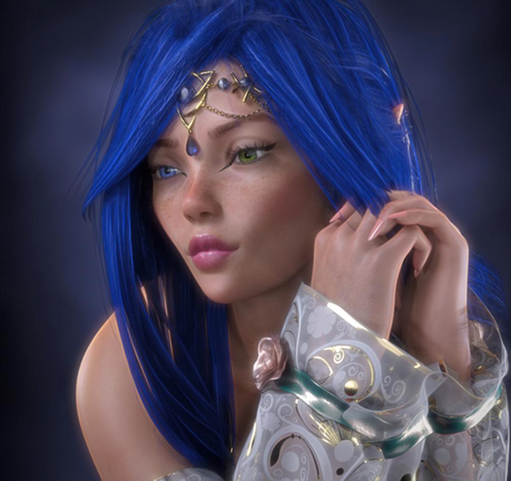 You see Nurielle. She appears to be a Sylvankind. She is shorter than average. She appears to be in the bloom of youth. She has mismatched sea blue and dark hazel eyes and lily white skin. She has hip-length, full-bodied ocean blue hair that is riddled with tiny ultramarine seaglass beads and worn in a whimsical spray that delicately frames her face. A faceted indigo mermaid's-tear sapphire swirled with black inclusions is positioned between her eyes, which casts a sparkling indigo sheen across her face.