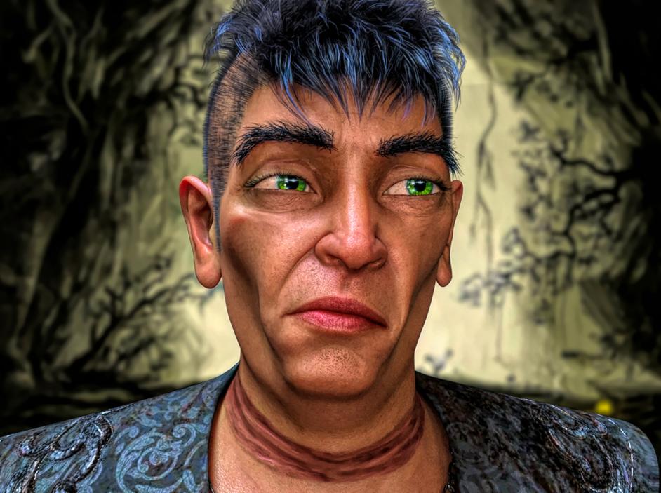 So the previous portrait with the crazy eyebrows was done before the owner let me know he had changed the character look. Personally I think he did so just to get two portraits. He's conniving and crafty like that. I admire that kind of cunning though so here he is as a younger man: You see Sabotage Develop the Pyromancer. He is taller than average and has a heavy, potbellied body. He appears to be mature. He has silver-flecked crystal green eyes and fair skin. He has short, straight blue-black hair shaved at the temples. He has a delicate face, a small nose and a thick scar that sweeps across his neck from one ear to the other.