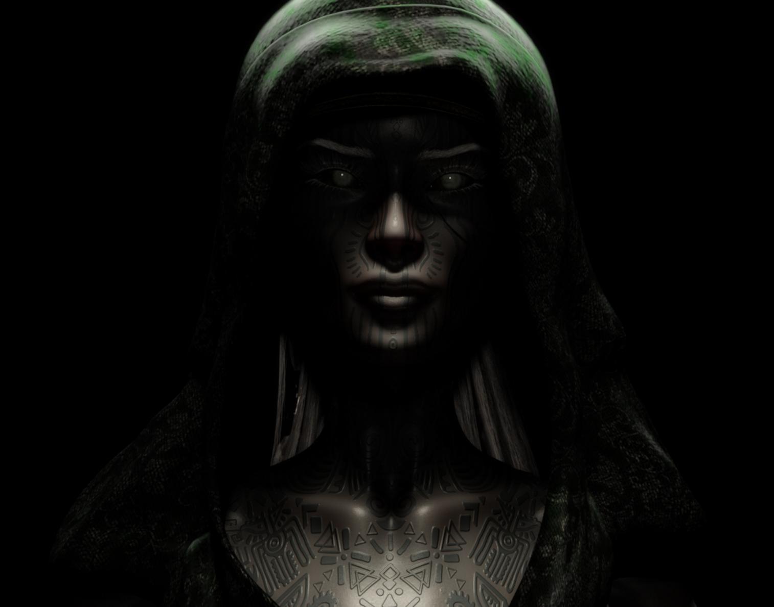 You see Avaia Daemones the Witch. She appears to be a Dhe'nar Dark Elf. She is tall. She appears to be in the spring of life. She has clouded milky white eyes and ebon skin. She has waist length, thick white hair worn in elaborate tripartite braids. She has a gaunt face and high cheekbones. She has a scar running from the corner of her left eye, over the jawbone and down onto her neck.
She has a pair of small ivory bone rings in her left eyebrow, a pentagram tattoo on her forehead, a chain of intricate runes tattoo on her neck, a labyrinthine tracery of indistinct eldritch markings inked into every discernible portion of her skin, and a series of tiny rolaren rings set along the slender tips of her pointed ears.