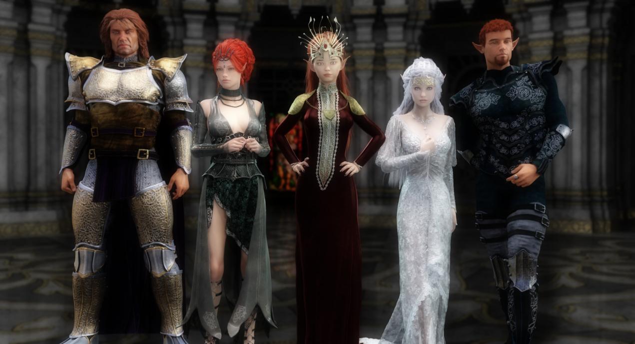 Group Portrait requested for the Elanthian Vogue. Read about it here: https://gswiki.play.net/Elanthian_Vogue:_Eorgaen_5118

This first portrait is, left to right: Sir Cryheart Thaxin, Tawariell Andrenae, Lylia Rashere, Rohese Bayvel-Timshl Illistim, and Kakoon Arakhor Vaalor