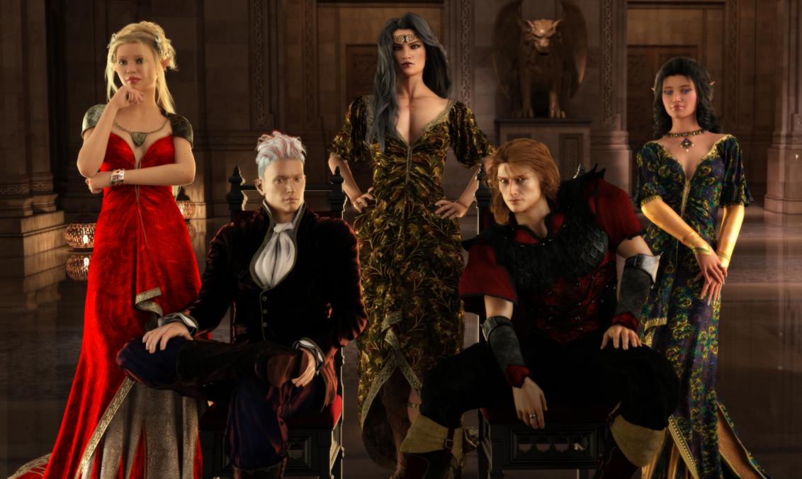 Second group portrait for the Elanthian Vogue. This one includes, left to right: Luxelle Machtes Ashrim, Rovvigen Aniket, Naamit DMVMD-Braggiani, Nehor, Lynaera Ariamiel